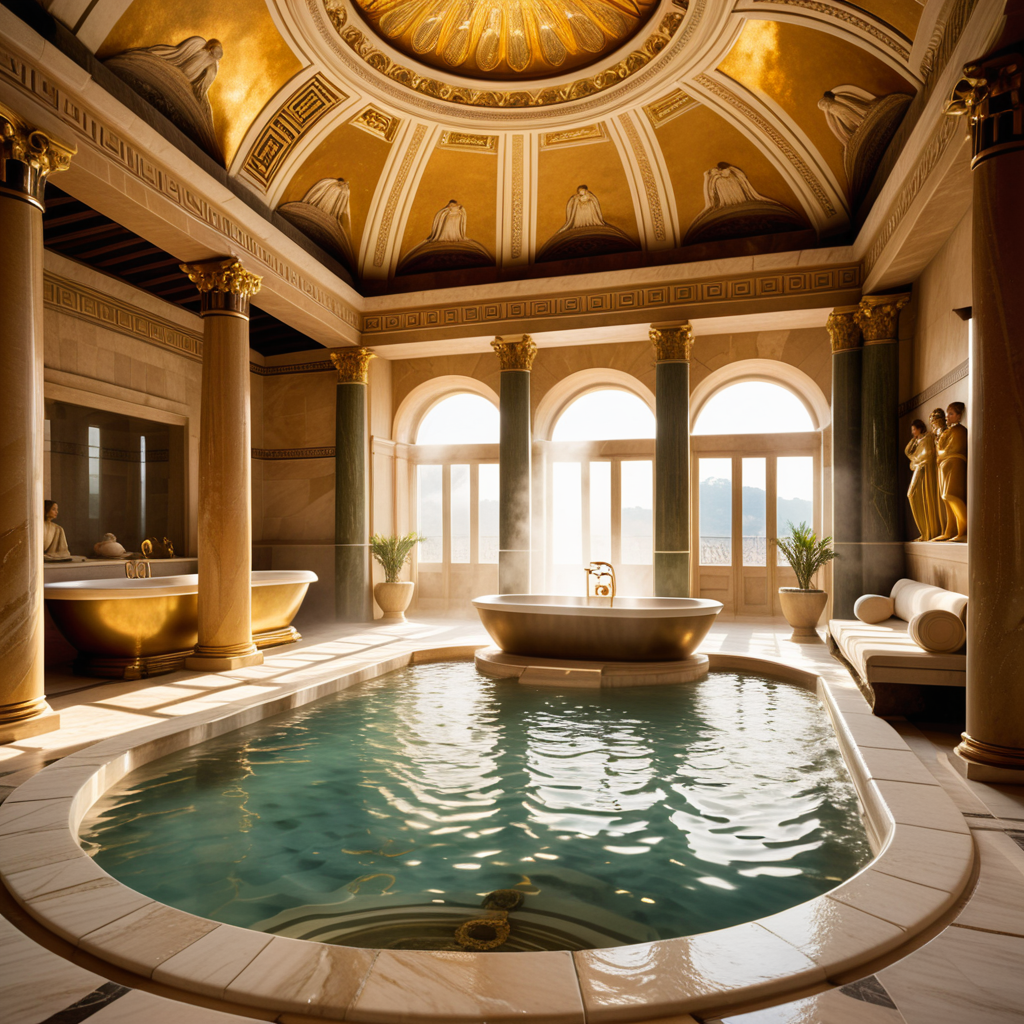 A highly detailed and realistic photograph of an ancient Roman sauna (thermae) from the time of Caesar, featuring grand marble architecture with intricate carvings and columns. The central bath is filled with steaming water, surrounded by polished marble tiles and mosaics depicting mythological scenes. The room is illuminated by natural light streaming through small openings in the high, domed ceiling, creating soft shadows and reflections on the water's surface. The atmosphere is hazy from the steam, and a few individuals dressed in Roman togas and tunics can be seen reclining on benches or chatting near the bath. The overall color palette includes shades of white, gold, and earthy tones, emphasizing the luxurious and serene environment.<lora:SDXLFaeTastic2400:0.4> <lora:extremely_detailed:0.4> extremely detailed, Masterpiece,best quality,hi res,8k,hi res,8k,award winning,(sharp focus, intricate, highly detailed),
