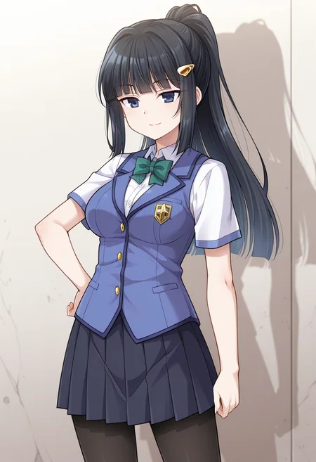 <lora:Doumyouji_kotets_ill_v1.1:1>,Doumyouji kotets,dark blue eyes,black hair,long hair,ponytail,medium breasts, 
school uniform,blue sleeveless blazer,short sleeves,green bowtie,pleated skirt,black pantyhose,
1girl,solo,
standing,hand on own hip,
light smile,
BREAK, textless version,