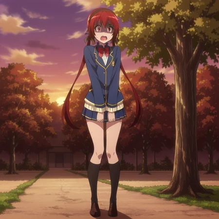 nsfw, masterpiece, best quality, 1girl, solo, jokamachi_no_danderaion_akane_sakurada, standing, full body, red hair, red eyes, open mouth, twintails, red bow, bow, shaded face, anime coloring, long hair, ribbon, school uniform, turn pale, hair ribbon, tree, sweatdrop, outdoors, sunset, hairband, scared, sweat, bangs, bowtie, black ribbon, <lora:Akane_Sakurada_-_Jokamachi_no_Danderaion_2:0.7>