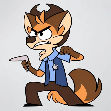 toddhayseed, furry male, fox boy, body fur, orange fur, two-tone fur, short hair, fox ears, black eyes, animal nose, chest tuft, fox tail, cowboy hat, light blue shirt, collared shirt, short sleeves, blue vest, open vest, sheriff badge, brown pants, black shoes, 1boy, solo, full body, wild west background, holding boomerang