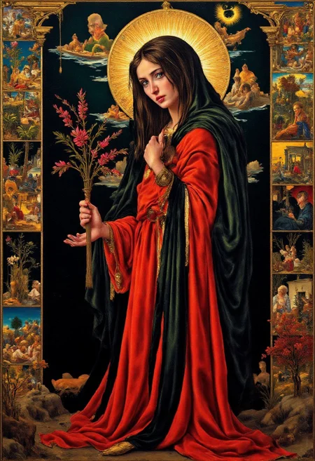 Blend of post modern hipster byzantine mosaic and anarchist style art depicting a woman. dark with a golden glow.