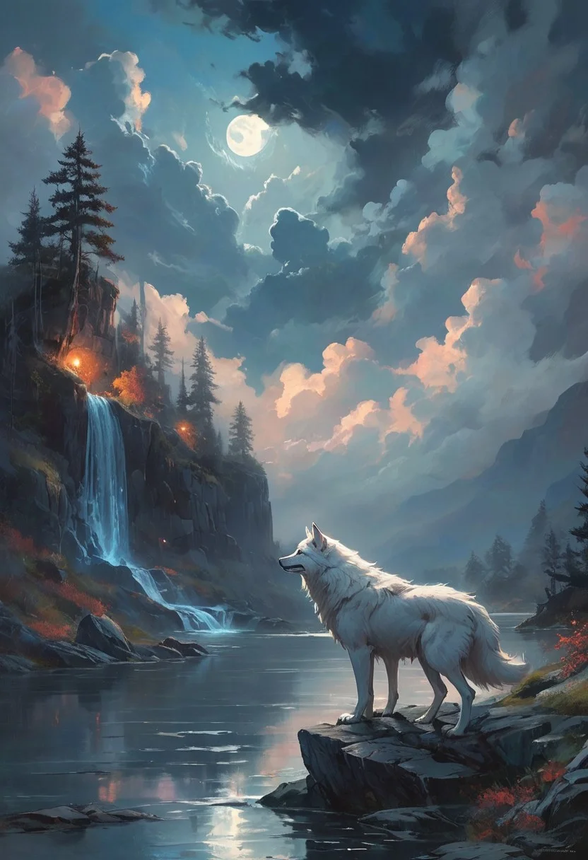 Under the eerie glow of a blue crescent moon,a dark and ominous landscape unfolds. A vibrant, a glowing white wolf stands by the edge of a serene lake, howling, its vivid hues contrasting starkly with the foreboding atmosphere. In the background,a waterfall cascades down jagged rocks,the water glistening in the moonlight. Thick,swirling clouds loom overhead,adding to the sense of an evil presence. The moonlight filters through the clouds,casting an otherworldly glow over the scene. The air is thick with mysticism,as if the very night holds ancient secrets and dark magic.  [romantic impressionism,dream scenery art,beautiful oil matte painting,romantic,style of thomas kinkade,beautiful digital painting,anime landscape,romantic painting,dreamlike digital painting,colorful painting,beautiful gorgeous digital art,style of greg rutkowski,janek sedlar,jenny saville:0]  <lora:vivid_everclear:0.35>  <lora:Sinozick:0.35>  <lora:MJ52:0.35>