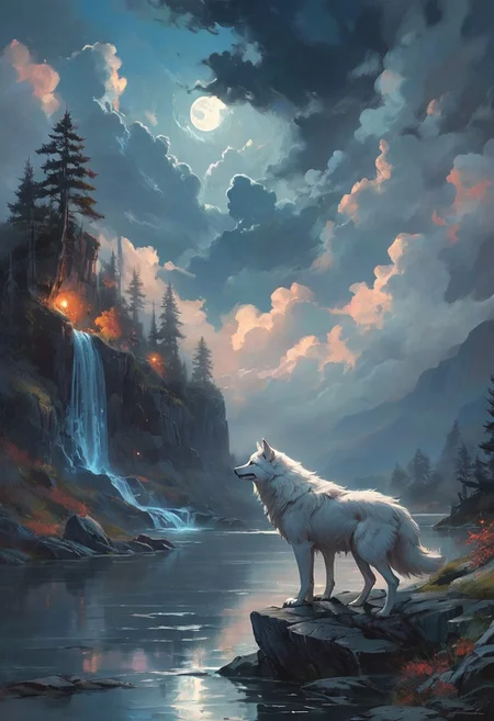 Under the eerie glow of a blue crescent moon,a dark and ominous landscape unfolds. A vibrant, a glowing white wolf stands by the edge of a serene lake, howling, its vivid hues contrasting starkly with the foreboding atmosphere. In the background,a waterfall cascades down jagged rocks,the water glistening in the moonlight. Thick,swirling clouds loom overhead,adding to the sense of an evil presence. The moonlight filters through the clouds,casting an otherworldly glow over the scene. The air is thick with mysticism,as if the very night holds ancient secrets and dark magic.  [romantic impressionism,dream scenery art,beautiful oil matte painting,romantic,style of thomas kinkade,beautiful digital painting,anime landscape,romantic painting,dreamlike digital painting,colorful painting,beautiful gorgeous digital art,style of greg rutkowski,janek sedlar,jenny saville:0]  <lora:vivid_everclear:0.35>  <lora:Sinozick:0.35>  <lora:MJ52:0.35>