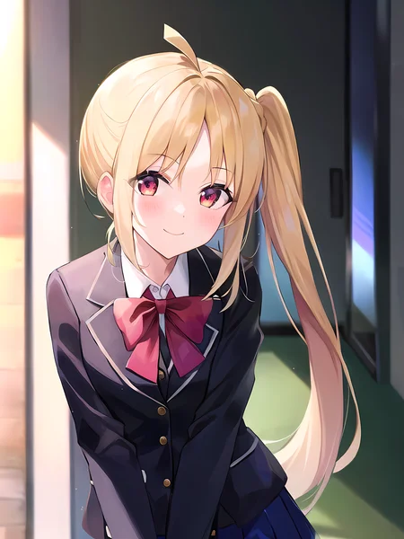 (masterpiece:1.3), (absurdres:1.3), (best quality:1.3), (ultra-detailed:1.3),(best shadow:0.7), (handled hair), (sharp eyeliner, eyeshadow, detailed eyes:1.1), perfect anatomy, BREAK, 1girl, solo, red eyes, glowing eyes, side ponytail, sidelocks, school uniform, open jacket, blazer, white shirt, skirt, bangs, finger to mouth, leaning forward, smile, closed mouth, blush, upper body, BREAK street, shop, outdoors, backlighting