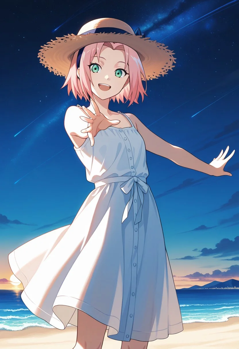 Score_9_up, score_8_up, score_7_up, source_anime, Expressiveh, perfect eyes, 1girl, solo, 1girl, haruno sakura, pink hair, short hair, green eyes, slim body,Small breasts,
white dress, sleeveless, standing, looking at viewer, sun hat, open mouth, outstretched arms, beach, happy,night,stars,beautiful eyes,without ninja band,
score_9, score_8_up, score_7_up, score_6_up, score_5_up, score_4_up, masterpiece, 4K, quad HD, best quality, high quality, highres, stunning details, highly detailed, ultra detailed, extreme detail, perfect composition, very aesthetic, sharp focus, crisp details, vivid colors, soft lighting, cinematic lighting, dynamic lighting, volumetric lighting, sharp contrast, smooth shading, intricate details, cinematic color grading, clear details, harmonious composition, vibrant colors, ambient lighting, anime-style illustration, vibrant and expressive, ultra-detailed, high-resolution, smooth shading, cel shading, vivid anime colors, best quality, intricate details, elegant pose, cinematic lighting, dynamic composition, anime fantasy background, soft glow, dreamy atmosphere, stunning character design, expressive eyes, 4K HD, anime artstation trending,, ansrd