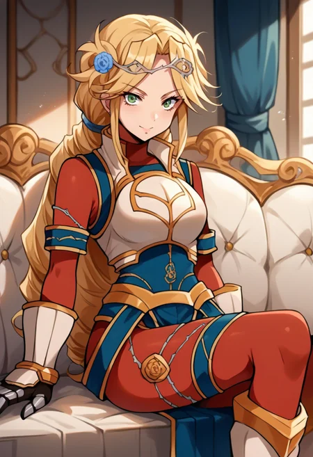 score_9, score_8_up, source_anime, 1girl, solo, LakyusAlveinDaleAindra, long hair, drill hair, ponytail, hair flower, circlet, red bodysuit, blue dress, breastplate, gauntlets, thigh strap, armored boots, indoors, smile, sitting, on sofa, <lora:ChamLakyusAlveinDaleAindraPonyXL:1>