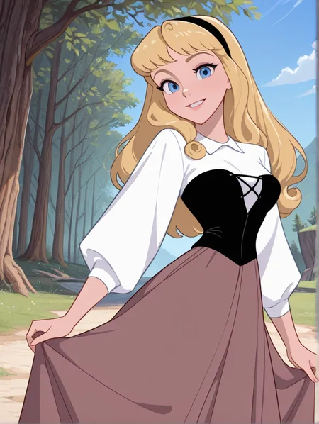 masterpiece, best quality, amazing quality, very aesthetic, absurdres, newest, detailed background, cowboy shot, outdoors, dynamic angle,
auroraxd, 1girl, solo, blonde hair, blue eyes, long hair, shirt, long sleeves, corset, skirt, medium breasts, hairband, looking at viewer, smile,
<lora:Aurora_-_Disney_Illustrious:1>