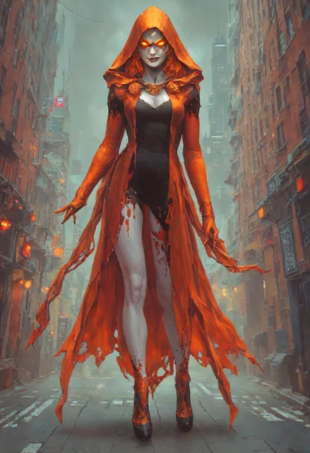 score_9, score_8_up, Hallows Eve, glowing eyes, hood, yellow eyes, parted lips, hood up, white skin, orange eyes, mask, heels, looking at viewer, (seductive smirk), new york city scene background, full body view, 1girl, maximum details, intricate