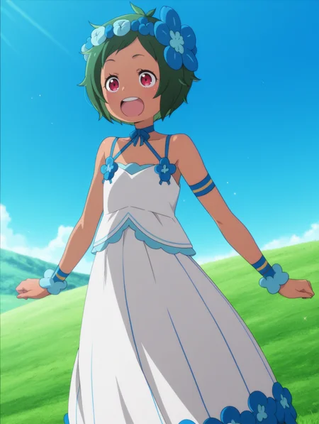 <lora:Typhon Illu:1>1girl, solo,
typh0n, green hair, short hair, dark skin, red eyes,
tdr3ss, head wreath, blue hair flower, sundress, criss-cross halter, blue flower, arm straps, wrist cuffs,
happy, excited,
anime screencap, anime coloring,
blue sky, grass,
full body, cowboy shot,, masterpiece, best quality, amazing quality