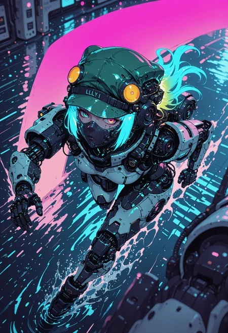 <lora:ck-nc-cyberpunk-IL-000011:0.60>,  masterpiece, best quality, good quality, very aesthetic, absurdres, newest, 8K, depth of field, focused subject, dynamic angle, side view, from above, action shot, wabi sabi android woman, rainbow hair, glowing hair, cute simplistic green frog hat that reads "Lilly" on the brim, white ceramic armor, close up face, detailed eyes,  looking at viewer, clean visible face, clean white rectangular ceramic material and mechanical parts, their face mask is open, one eye has mechanical enhancements, servos, wires, exposed circuits, skin, lillypads, action scene, running across water, bioluminescent lillypads,, Sci-fi anime movie (style by George Shaw),shallow depth of field, vignette, (Fujicolor Superia X-TRA 400) , (bioluminecent glow:0.8),
in the style of cknc,
<lora:MoriiMee_Gothic_Niji_Style_Illustrious_r1:0.5>
<lora:ck-neon-retrowave-IL:0.85>
<lora:ck-shadow-circuit-IL:0.35>