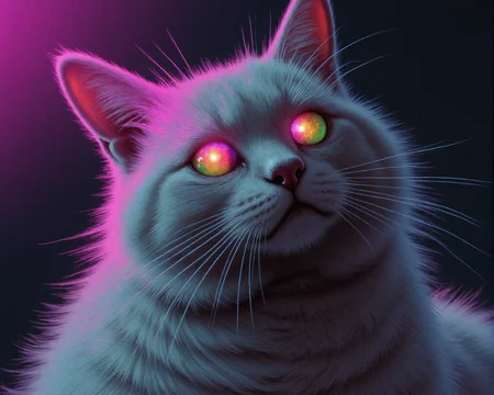 **Subject/Character:**
A detailed, close-up depiction of a cat's face, rendered with meticulous detail. the eyes are surreal and exaggerated and have taken place for a MESMERIZING OPTICAL ILLUSION they are now a kaleidoscopic explosion of vibrant colors, blending neon pinks, electric blues, glowing greens, radiant yellows, in an infinite swirl of trippy patterns. creating a dizzying effect that stretches into infinity. pulsating, trippy, pulsing. eyes that pulse with psychedelic energy. The fur is long rich and textured, featuring warm shades of white, and black with subtle highlights. The cat's expression is focused and intense, evoking an eerie sense of power and mystery. Whiskers radiate outward, adding lifelike detail to the scene.
**Background:**
A minimal and dark background, fading into shadowy, muted tones to create contrast with the vibrant details of the cat's face. The lack of background elements enhances the focus on the glowing eyes and the surreal reflections within them. The darkness surrounds the subject, adding a sense of depth and dramatic tension to the image.
**Style:**
The art style is hyper-realistic, emphasizing fine details such as the texture of the fur, the eyes are surreal and exaggerated and have taken place for a MESMERIZING OPTICAL ILLUSION they are now a kaleidoscopic explosion of vibrant colors, blending neon pinks, electric blues, glowing greens, radiant yellows, in an infinite swirl of trippy patterns. creating a dizzying effect that stretches into infinity. pulsating, trippy, pulsing. eyes that pulse with psychedelic energy. and the interplay of light and shadow. The mood is haunting and dramatic, combining realism with a surreal, almost apocalyptic atmosphere. and deep blacks for the background, creating a captivating, high-contrast composition.
MESMERIZING OPTICAL ILLUSION, Anaglyph3D, ArsMovieStill, 80s Fantasy Movie Still, in the style of Jed4ni, FaeTastic, ethereal