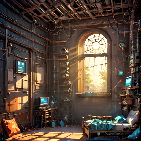 score_9, score_8_up, score_7_up,score_6_up, score_5_up, score_4_up, BREAK  <lora:gits95environment:0.8>,
gits95, , scenery, no humans, window, cable, sunlight, spider web, indoors, silk, light rays, light