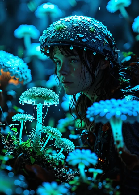 (photorealistic:1.3), masterpiece, 8k uhd, cinematic shot of a lone botanist-explorer standing in a dark, ancient cave. The explorer is wearing a practical, slightly worn high-tech suit. (The only light source is the ethereal, soft blue and green glow from strange, bioluminescent plants and giant mushrooms surrounding her:1.5). Water droplets on her helmet visor catch the faint light. Medium long shot, showing the character from the knees up,
<lora:Mushroom_Portrait_Flux_v1:1> ,boshroomworld
