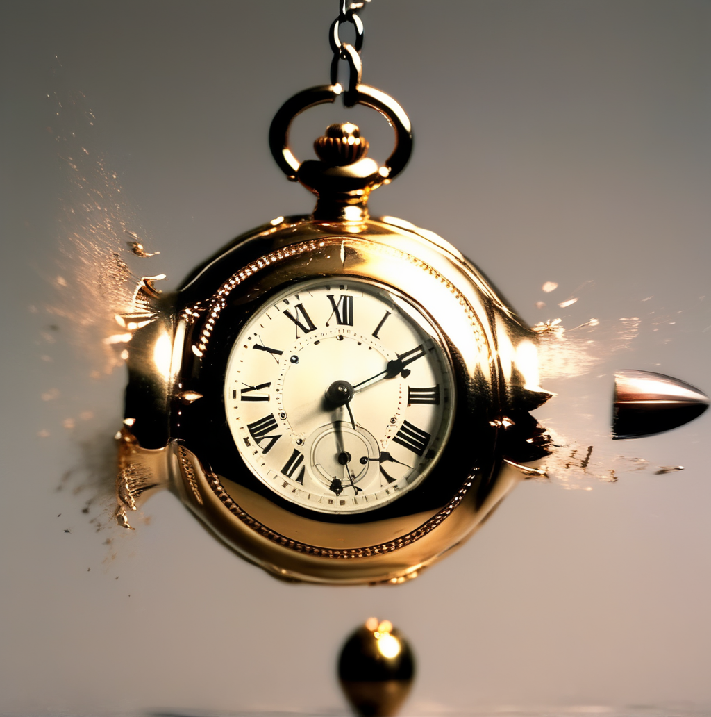 motioshot a pocket watch bullet-pierced, exploding pocket watch high-speed photography <lora:motioshot:1>