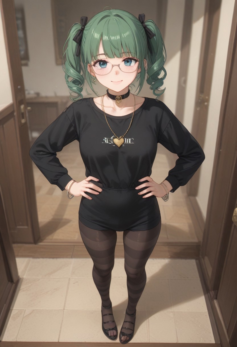 score_9, score_8_up, score_7_up (((beautiful, high quality))) female, Expressiveh <lora:Expressive_H:1> (masterpiece:0.7) (best quality:1.1) 1girl, solo <lora:seesaw_Pony_v1:0.8> from above, full body.
<lora:receptionis001:0.7>,<lora:add_detail:0.5>,<lora:noline:0.3>,<lora:boldline:-0.3> green hair, short hair (eyewear:1.1) blue eyes.
1solo Milf full body standing straight symmetrical, looking at viewer, hands on hips, twin drills twin tails, striped pantyhose, golden handcuffs on their hands with a black leather collar around the golden heart necklace, hands on hips, lustful smirking smile face red blushed.