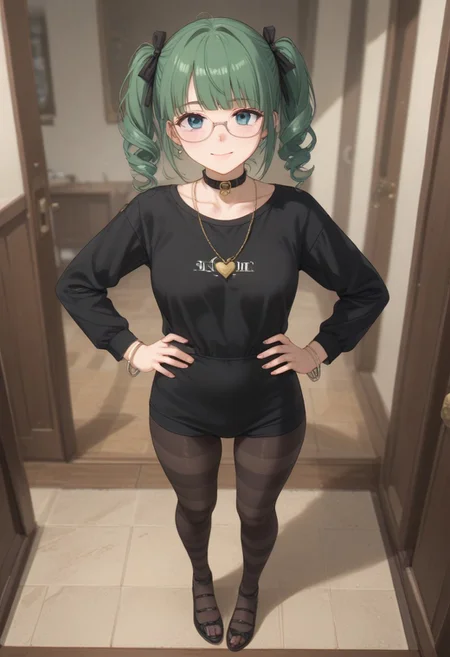 score_9, score_8_up, score_7_up (((beautiful, high quality))) female, Expressiveh <lora:Expressive_H:1> (masterpiece:0.7) (best quality:1.1) 1girl, solo <lora:seesaw_Pony_v1:0.8> from above, full body.
<lora:receptionis001:0.7>,<lora:add_detail:0.5>,<lora:noline:0.3>,<lora:boldline:-0.3> green hair, short hair (eyewear:1.1) blue eyes.
1solo Milf full body standing straight symmetrical, looking at viewer, hands on hips, twin drills twin tails, striped pantyhose, golden handcuffs on their hands with a black leather collar around the golden heart necklace, hands on hips, lustful smirking smile face red blushed.