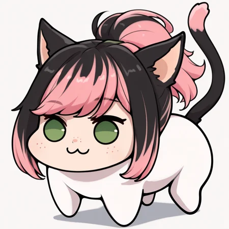masterpiece, best quality, solo, doro, :3, chibi, <lora:clamchan_illu:1> animal ears, black hair, pink hair, multicolored hair, ponytail, no pupils, solid circle eyes, green eyes, freckles, cat tail, <lora:doro_xypher_ixl_v1:1>  full body, white skin, all fours, white background