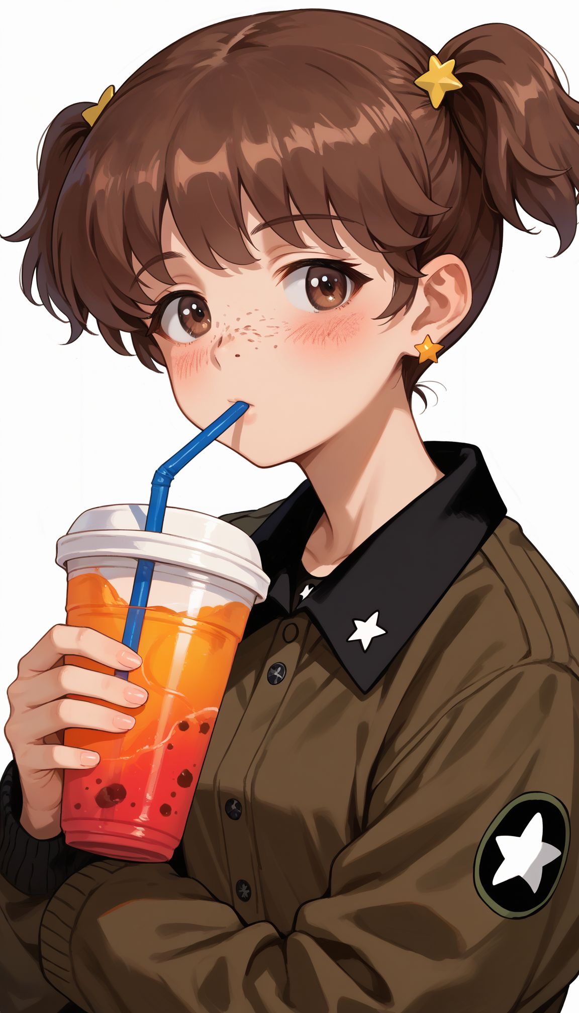 score_9, score_8_up, score_7_up, score_6_up, , solo, 
girl, alisa (girls und panzer), freckles, star hair ornament, brown eyes, short twintails, brown hair, saunders military uniform, jewelry, star earrings, brown jacket, looking at viewer, disposable cup, drinking straw, short hair, holding cup, white background, brown shirt, long sleeves, portrait, blush, upper body, simple background <lora:alisa_girls_und_panzer:1> 1girl, alisa \(girls und panzer\),