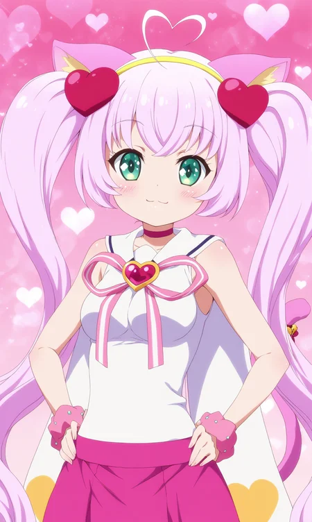 masterpiece, best qualify, beautiful eyes, zzRosia, 1girl, animal ears, solo, cat ears, long hair, twintails, pink hair, ahoge, breasts, hands on hips, heart, smile, green eyes, hairband, looking at viewer, heart ahoge, very long hair, pink skirt, medium breasts, skirt, hair ornament, blush, yellow hairband, :3, covered navel, door
