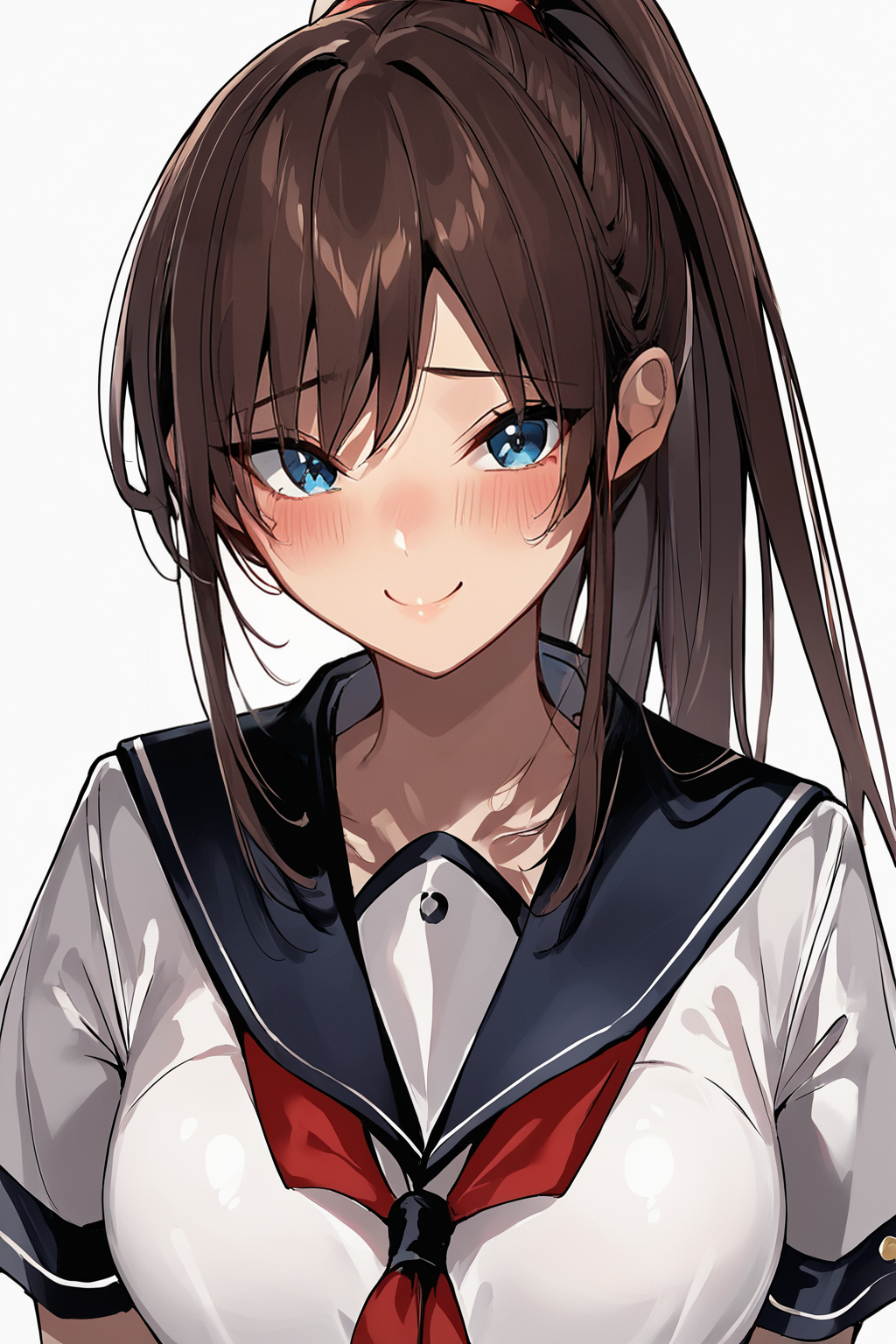 score_9, score_8_up, score_7_up, source_anime, rating_questionable
1girl, solo, portrait
looking at viewer, blush, shy smile
long hair, bangs, high ponytail, sidelocks
large breasts
simple background
seifuku, school uniform, midriff, short sleeves, white shirt
brown hair, blue eyes
<lora:Kakao-Style:0.9>