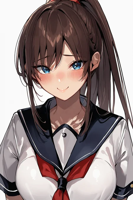 score_9, score_8_up, score_7_up, source_anime, rating_questionable
1girl, solo, portrait
looking at viewer, blush, shy smile
long hair, bangs, high ponytail, sidelocks
large breasts
simple background
seifuku, school uniform, midriff, short sleeves, white shirt
brown hair, blue eyes
<lora:Kakao-Style:0.9>