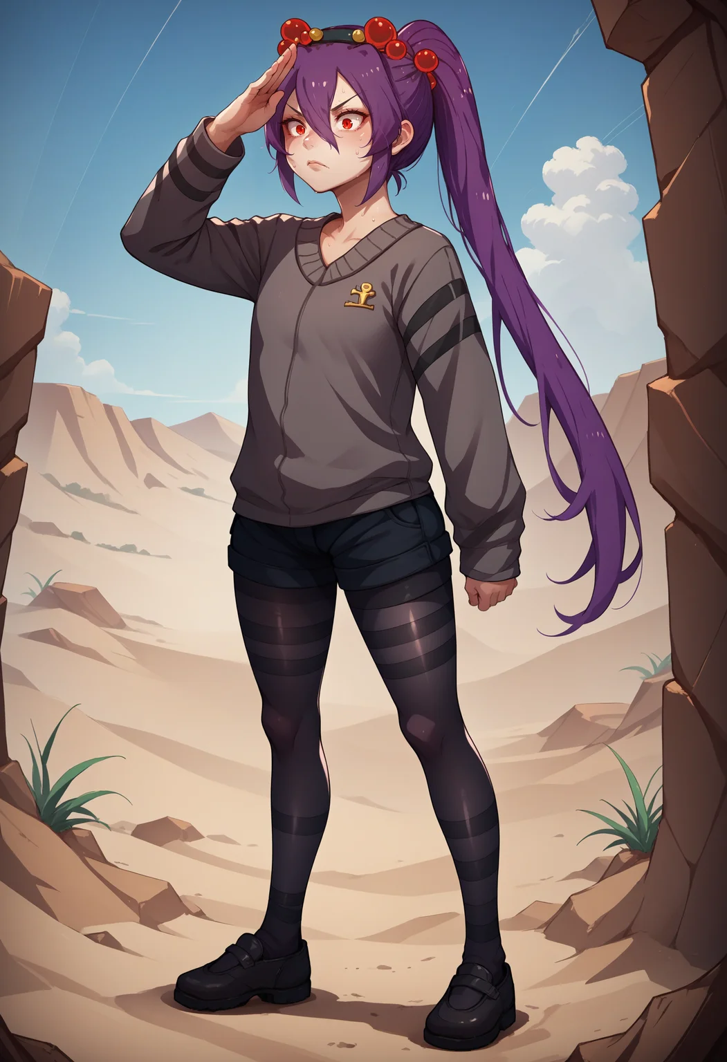 score_9, score_8_up, score_7_up, source_anime, 1girl, solo, <lora:Spiderchan_XLPD:0.9>, Spider-chan, purple hair, red eyes, ponytail, hair ornament, hair between eyes, hair bobbles, long hair, bangs, black pantyhose, long sleeves, short shorts, full body, desert, sweat, salute, from side, confused, egyptian,