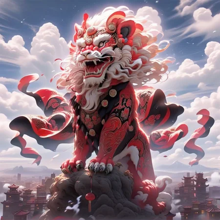 an image of a red , black and white color dance lion on the mountain ,SF_Carton style,carton, four legs<lora:0208_sprint_festival-checkpoint-8000:1>