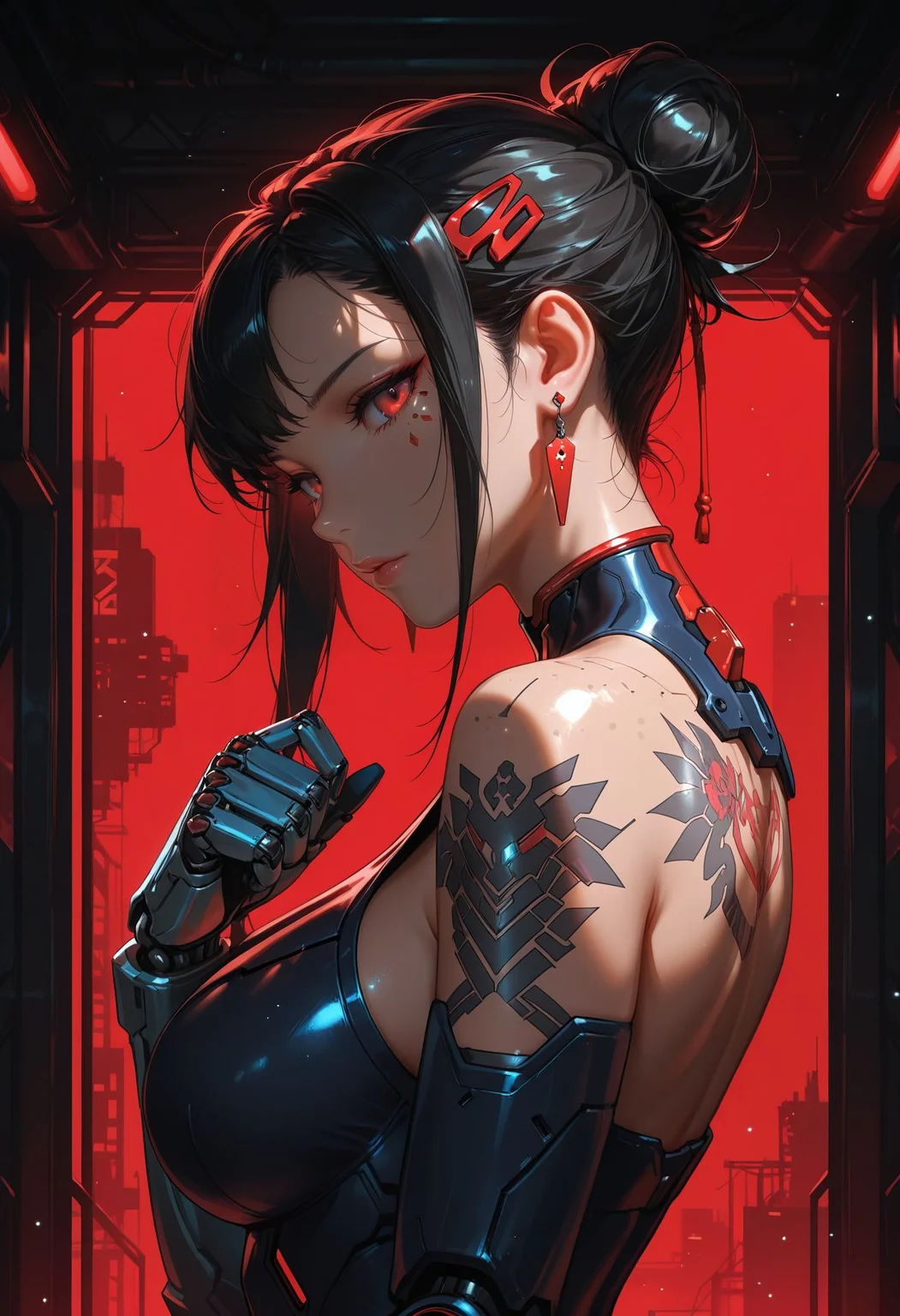 Smooth Quality, 1girl, solo, cyberpunk armor, black hair, earrings, from side, hair bun, hair ornament, jewelry, looking at viewer, red eyes, tattoo, upper body, mechanical hand,