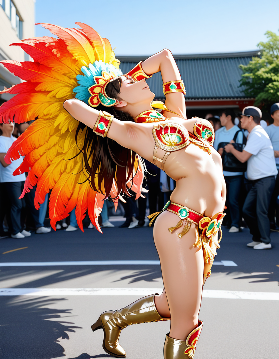 score_7_up, anime BREAK official art, 
<lora:Asakusa_Samba_Carnival:1>, Asakusa Samba Carnival, 
boots, navel, dancing, armlet, 1girl, high heels, multiple boys, outdoors, photo background, solo focus, armpits, day, samba costume, road, people, lean back, arched back, headdress, outdoors, 
(masterpiece:1.3), best quality, high resolution, unity 8k wallpaper, extremely detailed CG, 8K, (watercolor \(medium\), muted color, sketch:1.1), perfect anatomy, highly finished, masterpiece, best quality, high quality, amazing quality, great quality, very aesthetic, ultra detailed, highres, absurdres, highly detailed, highly detailed background,