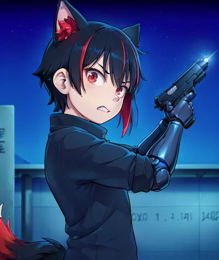 (masterpiece, highres, high quality, best quality:1.2),
1boy, solo, male focus, looking at viewer, portrait, pointing gun, angry, clenched teeth, wide-eyed, from side,
robinaki3, cat ears, multicolored hair, red eyes, red hair, black hair, short hair, streaked hair, two-tone hair, fox tail, black shirt, turtleneck, long sleeves, one sleeve rolled up,
(parking lot:1.25), (science fiction:1.15), night sky,
single mechanical arm,
otoko no ko,