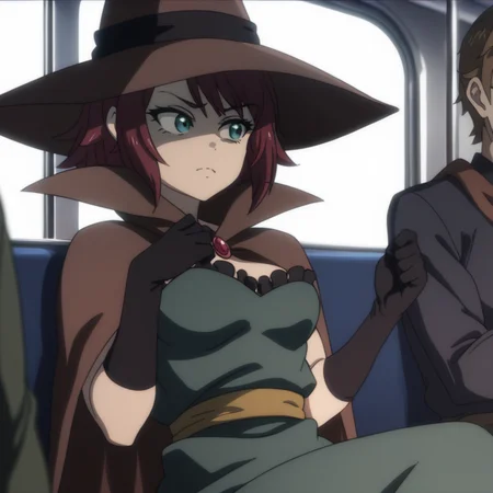 score_9, score_8_up, score_7_up, <lora:wizard-gs-ponyxl-000014:1> gswz, witch hat, cape, dress, green dress, elbow gloves,
1girl, bored, smug, hand grip, looking to the side, train interior
