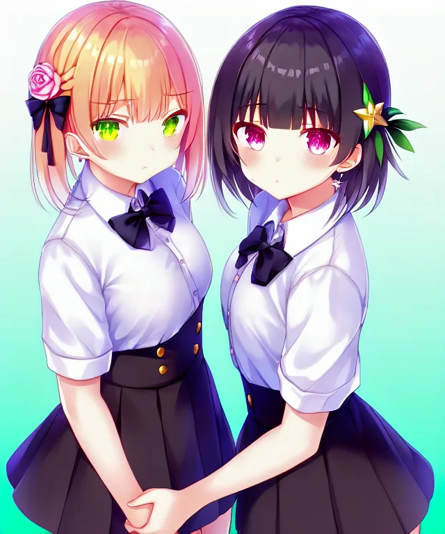 hair flower,star hair ornament,collared shirt,bowtie, short hair,buttons,looking at viewer,black ribbon,by ichinomiya yuu,solo,blunt bangs,black flower,hair ribbon,gradient background,star \(symbol\), skirt, 2girls, frown<lora:ichinomiyayuu-v1-8k-lora:1.5>
