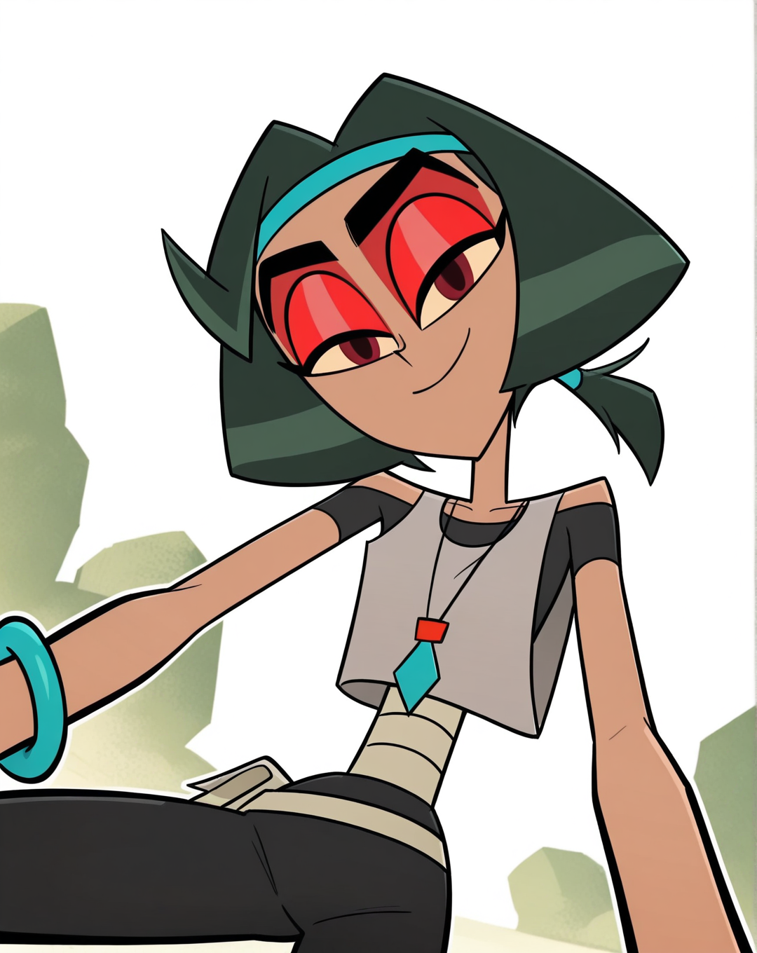 score_9, score_8_up, score_7_up, BW_zyn, 1girl, solo, brown skin, dark red eyes, dark green hair, twintails, medium hair, red eyeshadow, headband, bracelet, necklace, black body suit, bandages, grey tank top, pov, from below, (smile, dutch angle, naughty pose, looking at viewer, outside, western background, cowboy, solo, dynamic pose, full_body, head tilt,),((white background, White frame, white outline))