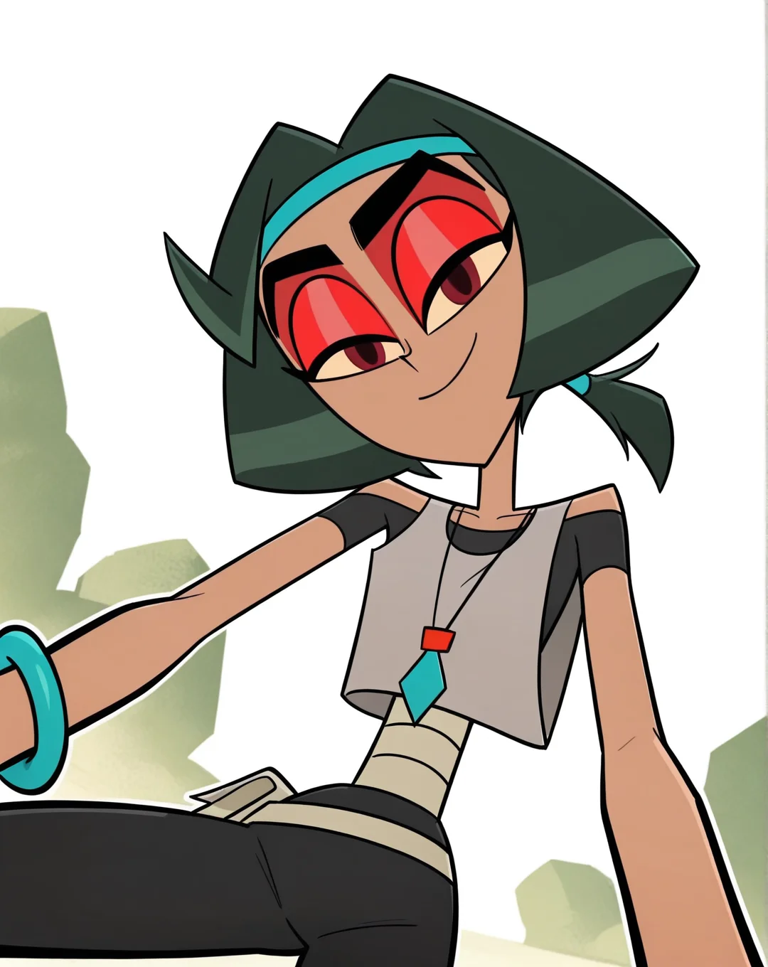 score_9, score_8_up, score_7_up, BW_zyn, 1girl, solo, brown skin, dark red eyes, dark green hair, twintails, medium hair, red eyeshadow, headband, bracelet, necklace, black body suit, bandages, grey tank top, pov, from below, (smile, dutch angle, naughty pose, looking at viewer, outside, western background, cowboy, solo, dynamic pose, full_body, head tilt,),((white background, White frame, white outline))