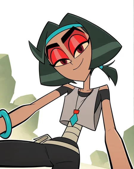 score_9, score_8_up, score_7_up, BW_zyn, 1girl, solo, brown skin, dark red eyes, dark green hair, twintails, medium hair, red eyeshadow, headband, bracelet, necklace, black body suit, bandages, grey tank top, pov, from below, (smile, dutch angle, naughty pose, looking at viewer, outside, western background, cowboy, solo, dynamic pose, full_body, head tilt,),((white background, White frame, white outline))