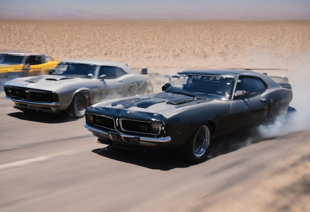 Create an ultra-detailed and realistic image of a race between 2 custom cars, created with parts from many muscle cars, with aerodynamic lines from 1972. The cars have tinted black windows. It is captured in motion with motion blur at full speed through a desert, daylight. Race between 2 cars. The photograph is captured with an Arri Alexa camera, with a zoom lens. <lora:Vintage Muscle Car SDXL:1>