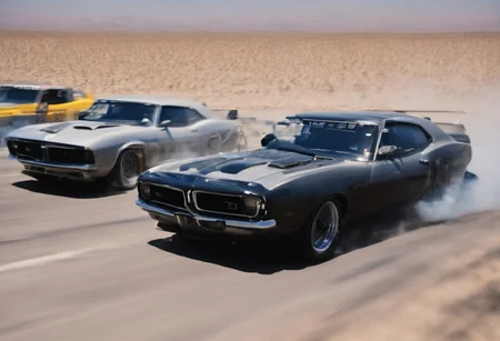Create an ultra-detailed and realistic image of a race between 2 custom cars, created with parts from many muscle cars, with aerodynamic lines from 1972. The cars have tinted black windows. It is captured in motion with motion blur at full speed through a desert, daylight. Race between 2 cars. The photograph is captured with an Arri Alexa camera, with a zoom lens. <lora:Vintage Muscle Car SDXL:1>