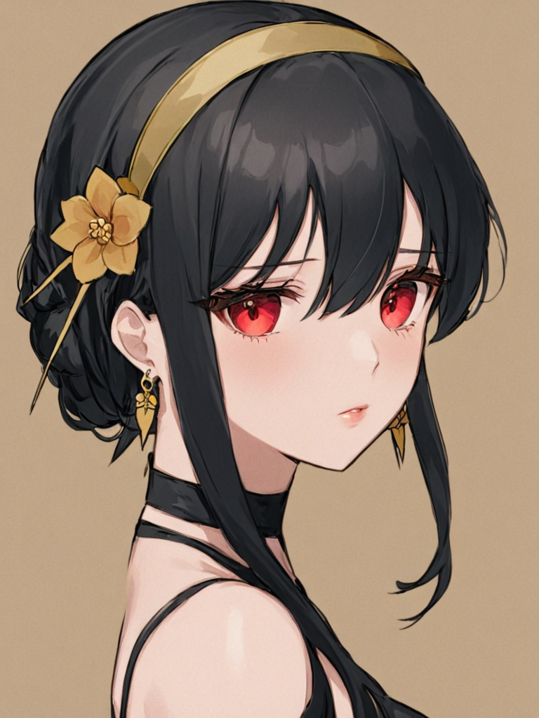 <lora:çº¦å°ç¦æ°:1>,1girl, red_eyes, yor_briar, solo, hairband, black_hair, jewelry, earrings, sidelocks, portrait, looking_at_viewer, parted_lips, hair_ornament, flower, bare_shoulders, hair_between_eyes, hair_flower, gold_hairband, simple_background, bangs, brown_background, black_dress, dress