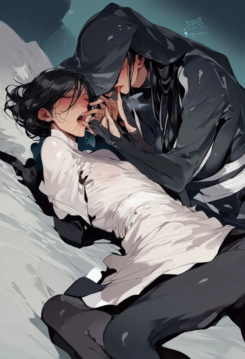 score_9, score_8_up, score_7_up, score_6_up, score_5_up, score_4_up, night, ((white bed)), (((bedroom))), ((young)), ((young body)), ((petite)), ((short)), (impact effect), (motion blur), (breath), (((((1girl))))), ((mouth poison liquid)), (((finger in the mouth by black bodysuit))), sleep face, ((((chloro)))), black hood, black skin, black face, black mask
yyjytjr856856356sd73, black hair, (((white victoria dress))), (((white royal dress)))