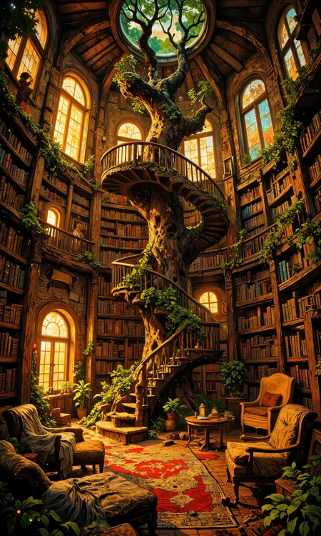 Whimsical treehouse library, nestled high in ancient oak branches, warm golden light filtering through stained glass windows. Cozy reading nooks with plush cushions and handwoven blankets line curved walls. Floating bookshelves spiral upwards, filled with leather-bound tomes. A wrought-iron spiral staircase winds around a central trunk. Magical ambiance, fireflies dancing outside arched windows. Soft, warm color palette of rich browns, deep greens, and muted golds. Intricate wood carvings, fairy lights strung across beamed ceilings. Overstuffed armchairs invite quiet contemplation. Lush foliage peeks through open windows, merging interior and nature. 8k resolution, hyper-detailed textures, soft ambient lighting. <lora:Vintage comic book:0.6> <lora:Memadukan_Brush_Strokes_of_Fineart:0.5> <lora:FluxMythR3alisticF:0.4> <lora:dreadmirth-art-style:0.8> <lora:flux_dev:1>