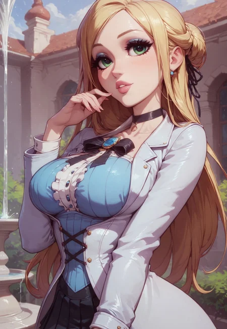 safe_pos, sexy 20 year old, ((long blonde hair)), thick puffy lips, ((thick glossy lips)), bold makeup, long eyelashes, bold eyeliner, hourglass figure, large breast, perky breast, adventurer, sorceress, researcher, ((blue corset shirt), ((long white jacket)), ((black pleated skirt)), ((black ribbon choker)), sorceress, oily skin, flirty, feminine, girly, seductive, alluring, ((flirting)), white skin, detailed eyes, ((big expressive light green eyes)), feminine posture, arched back, score_9, score_8_up, score_8, park fountain