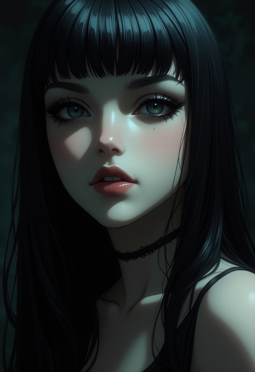 cinematic still hyper realistic art A mesmerizing image capturing the essence of timeless gothic dangerous beauty ---- , Her beauty was extraordinary. Her hair was black as ebony, and her large eyes had the soft, melancholy splendor that made one feel as if they could pierce the very soul. Her lips were red, full, and slightly curved, always on the edge of a secret smile. Her skin was pale, smooth as polished ivory, almost luminous in the dim light. She moved with an elegant languor, every gesture deliberate and entrancing, as if she were a dream half-formed. But there was a weight in her gaze, something ancient and heavy, that made her beauty as unsettling as it was captivating,
