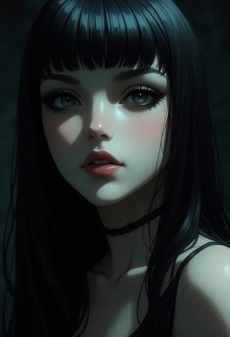 cinematic still hyper realistic art A mesmerizing image capturing the essence of timeless gothic dangerous beauty ---- , Her beauty was extraordinary. Her hair was black as ebony, and her large eyes had the soft, melancholy splendor that made one feel as if they could pierce the very soul. Her lips were red, full, and slightly curved, always on the edge of a secret smile. Her skin was pale, smooth as polished ivory, almost luminous in the dim light. She moved with an elegant languor, every gesture deliberate and entrancing, as if she were a dream half-formed. But there was a weight in her gaze, something ancient and heavy, that made her beauty as unsettling as it was captivating,