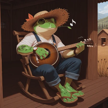 masterpiece, best quality, absurdres, highres, high quality, highly detailed,
1boy, solo, grungrace, anthro frog, spots, green skin, no humans, smile,
fat man,
straw hat, overalls, denim, white shirt, wristwatch, stalk in mouth, flip-flops,
sitting, rocking chair, banjo, playing instrument, musical note, motion lines,
outdoors, depth of field, cinematic, cabin, porch,
no lineart, pixelsketcher, <lora:incase_new_style_red_ill:0.6>, <lora:bonifasko_ill:0.4>, <lora:grungrace:0.9>