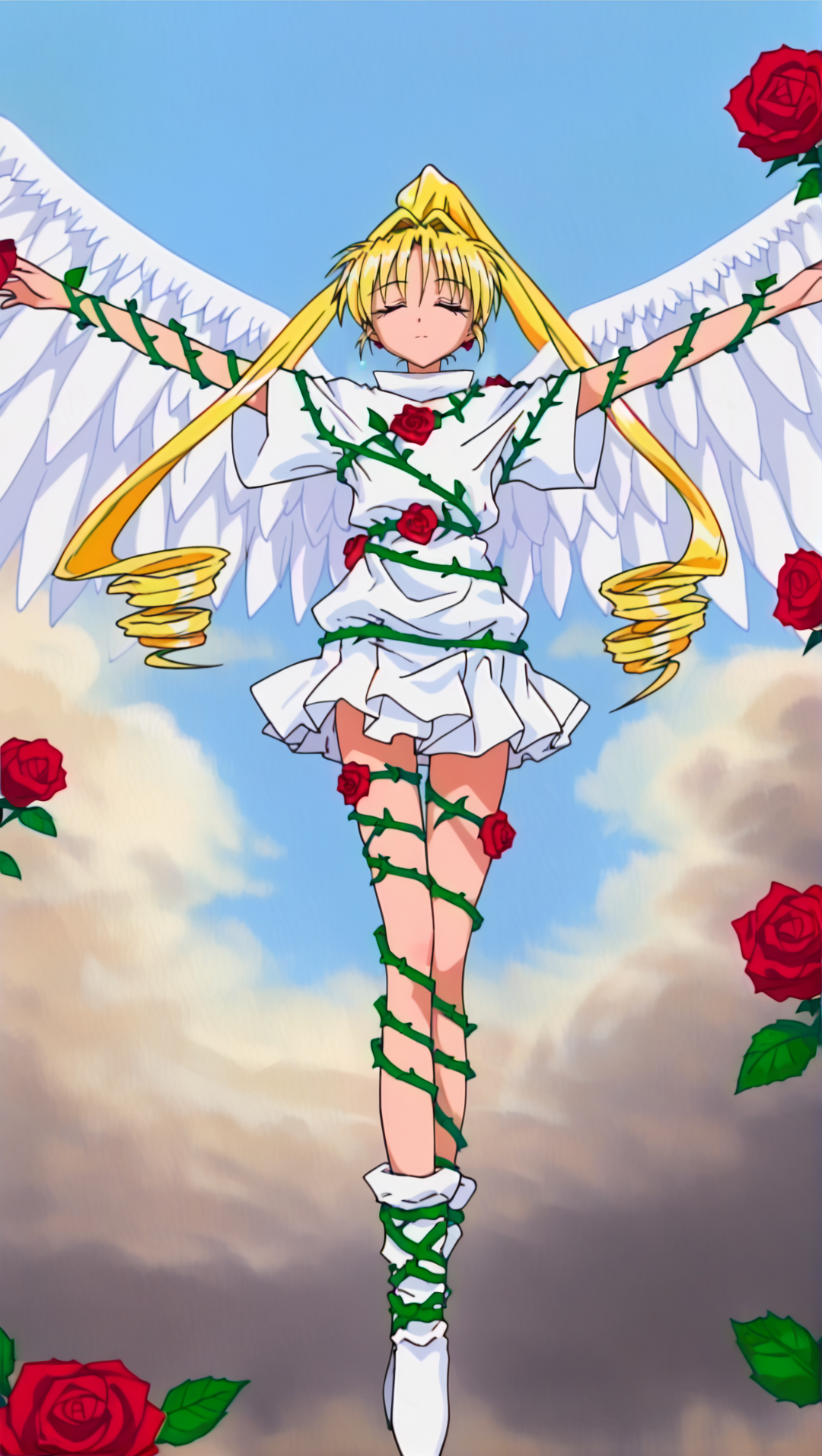 Solo, cute, score_9, score_8_up, score_7_up, KKJs2, artist A style, transformation outfit, closed eyes, blonde hair, very long hair, high twintails, high ponytail, drill hair, White outfit, short sleeves, standing collar, vines on outfit, vines, rose, white layered skirt, vines on skirt, vines on arms, vines on legs, roses on outfit, roses on skirt, bare hands, vines on legs, roses on legs, vines on boots, roses on boots, white boots, cloudy sky, sky, spread arms, White wings, feathered wings, close up, cowboy shot