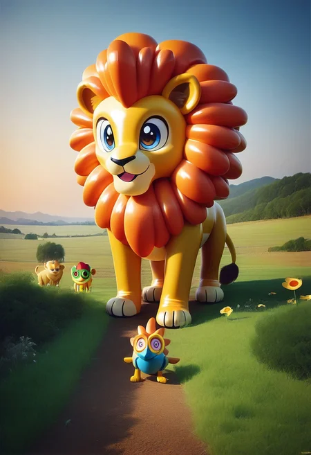 score_9, score_8_up, masterpiece, extremely detailed, best quality, highres, Latex, googly eyes, lion, savana, scenery