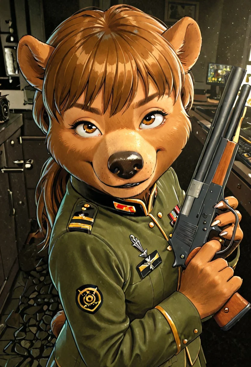 <lora:BearslIllustriousNAI-000060:1> (cute:1.3), ambrosia, brown hair , bear BREAK
military uniform, holding gun, smirk, looking up at viewer, sunglasses
Smooth Quality, BREAK,
perfect quality, best quality, clear composition, absurdres, high resolution, newest (masterwork, masterpiece, hyper-detailed, 8k uhd), BREAK
lazypos, (SuperQuality:1.0) ~ (SuperQuality:1.2)aaa