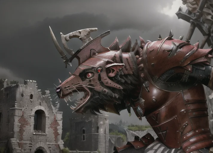 queek, aggressive look, detailed facial features, castle ruins in the background, raining ,wearing armor, toned, full-length photo, helm, 70mm lens, symmetrical,posing, monster,(small red areolas:1.2), athletic, sharp, textured skin, perfect body, 1boy, realistic, detailed, slim, (perfect fingers:1.2), amused, photographed by a Nikon Z7 II Camera,(high detailed skin:1.2),8k uhd, <lora:QueekV2:0.8>