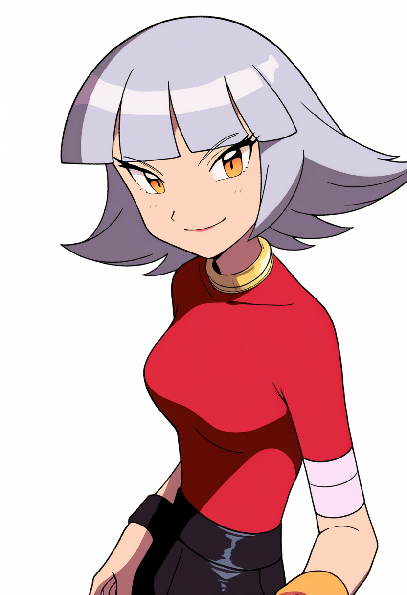 masterpiece, best quality, very aesthetic, absurdres,
1girl, oakley,  grey hair, short hair, blunt bangs, brown eyes,
red shirt, short sleeves, black pants, wristband, neck ring,
upper body,
smile, looking at viewer, solo, simple background, white background,    <lora:OakleyNoobXL_byKonan:1>