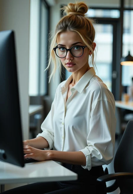 A candid, photorealistic shot of ViennaFoxx, mid-20s, seated at her desk in a sleek tech office. She wears a crisp white shirt, sleeves rolled up, tucked into high-waisted black pants. Her messy blonde bun is loose, with strands falling around her face. She leans forward slightly, Black frame glasses, looking at viewer. The glow from the monitor lights her sharp green eyes. Her expression is calm, intense. Around her, the office fades into soft blur—she is the clear, quiet center of the scene.